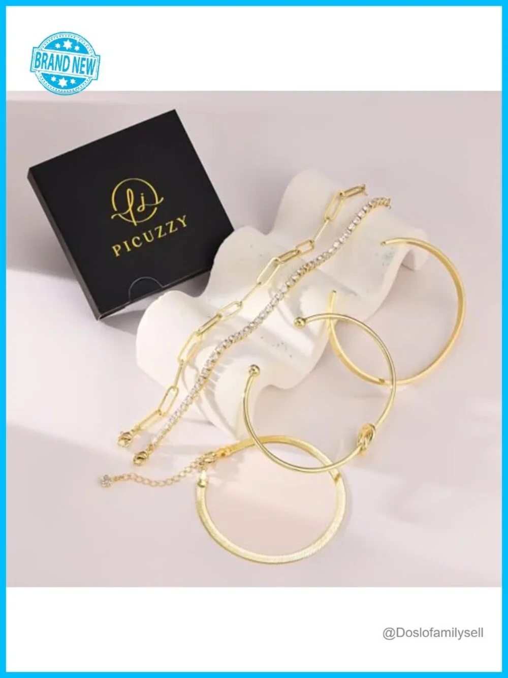 14K Gold Plated Chunky Cuff Bracelet Stackable Bangles Set Non Tarnish 5-Piece